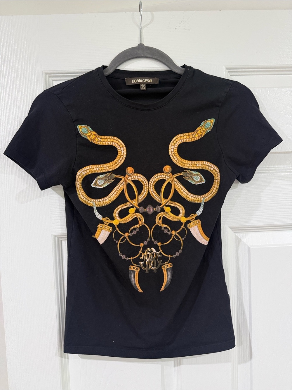 Roberto Cavalli Black Tee with Gold Snake & Jewel Motif